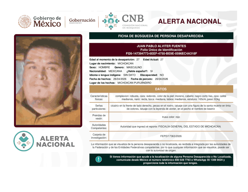 Persona desaparecida Juan Pablo Alviter Fuentes