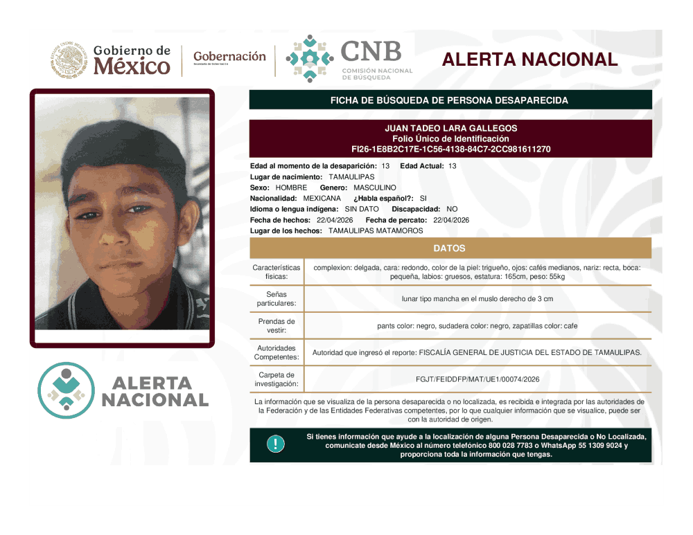 Persona desaparecida Juan Tadeo Lara Gallegos