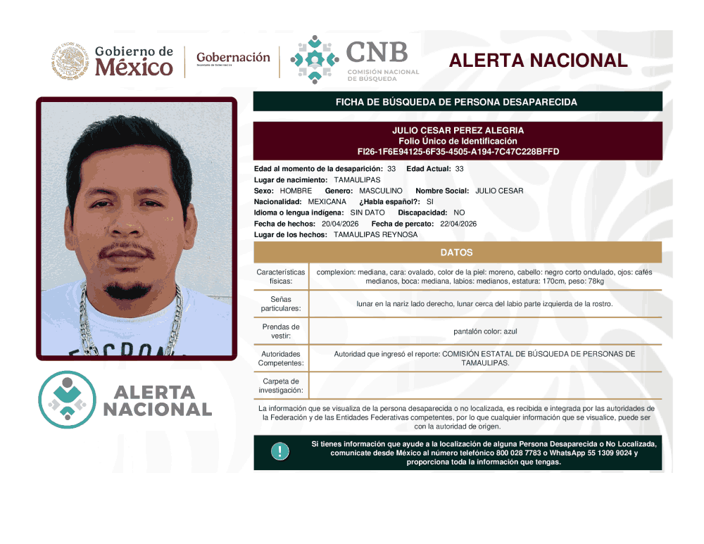 Persona desaparecida Julio César Pérez Alegria