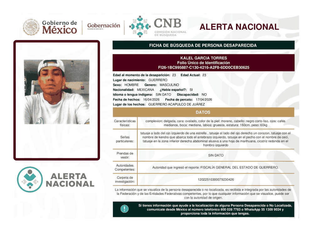 Persona desaparecida Kalel García Torres