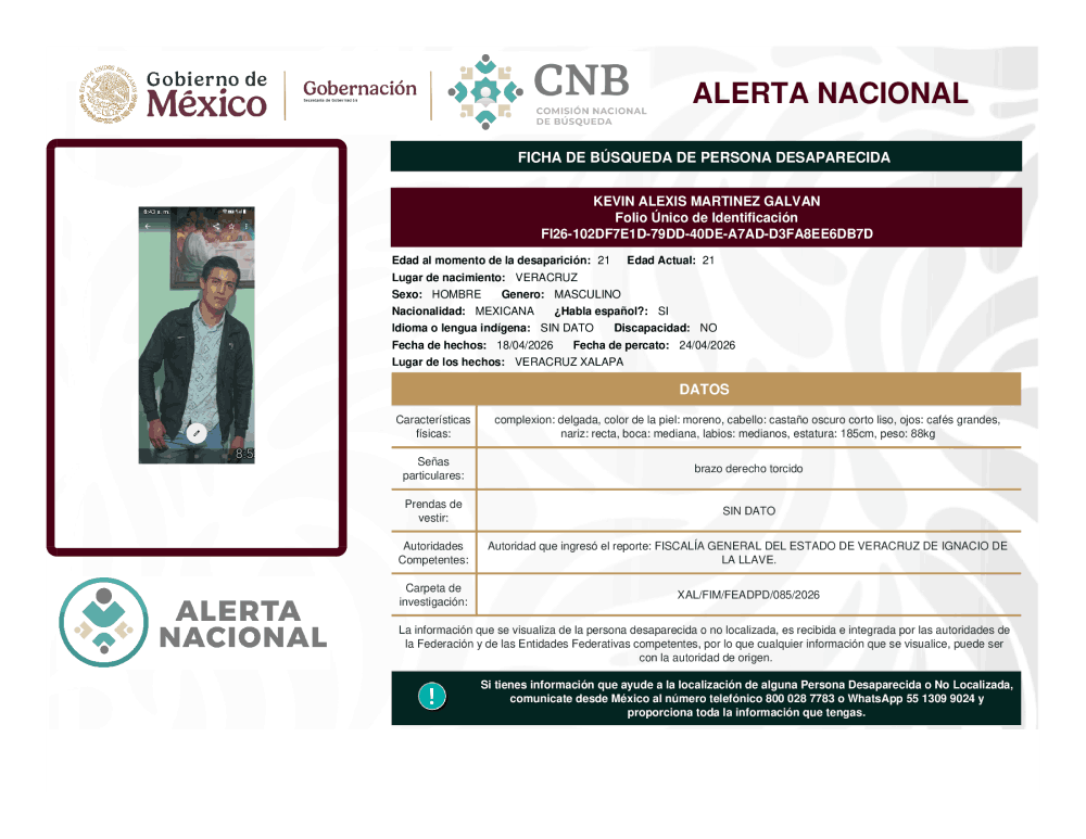 Persona desaparecida Kevin Alexis Martínez Galvan