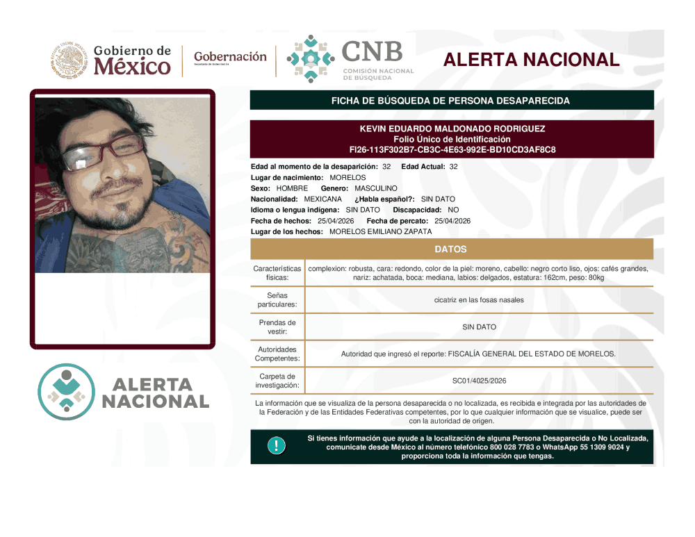 Persona desaparecida Kevin Eduardo Maldonado Rodríguez