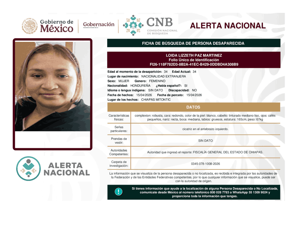 Persona desaparecida Loida Lizzeth Paz Martínez
