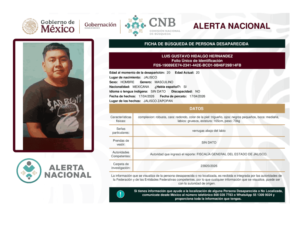 Persona desaparecida Luis Gustavo Hidalgo Hernández