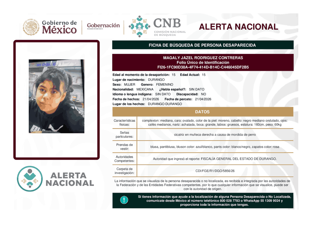 Persona desaparecida Magaly Jazel RodrÍguez Contreras