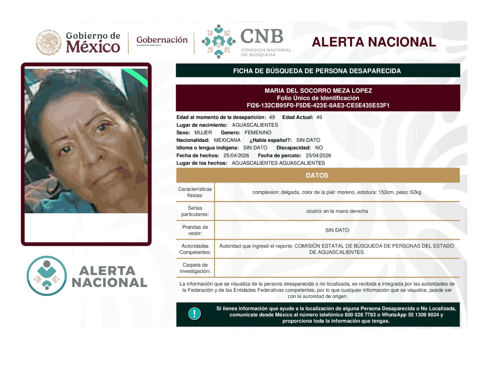 Persona desaparecida María del Socorro Meza López