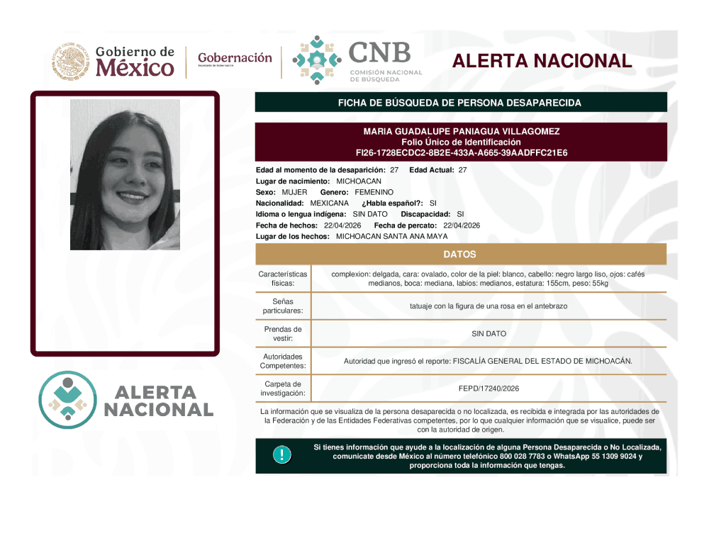 Persona desaparecida María Guadalupe Paniagua Villagomez