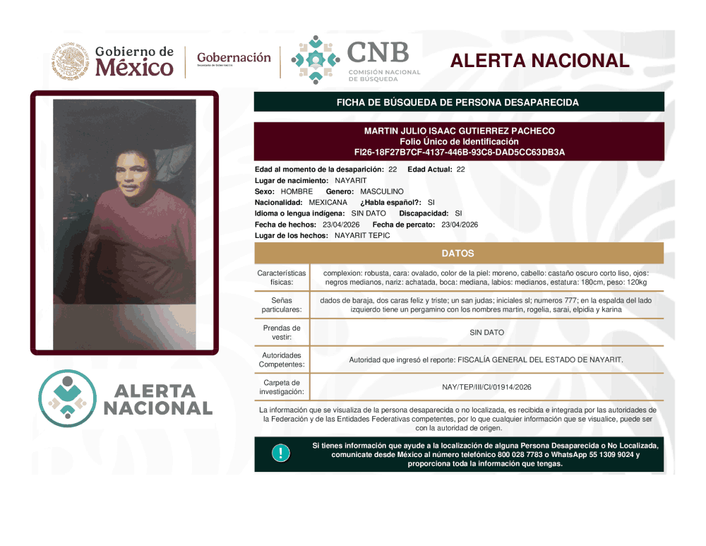 Persona desaparecida Martin Julio Isaac Gutiérrez Pacheco