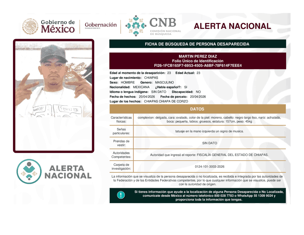 Persona desaparecida Martin Pérez Díaz