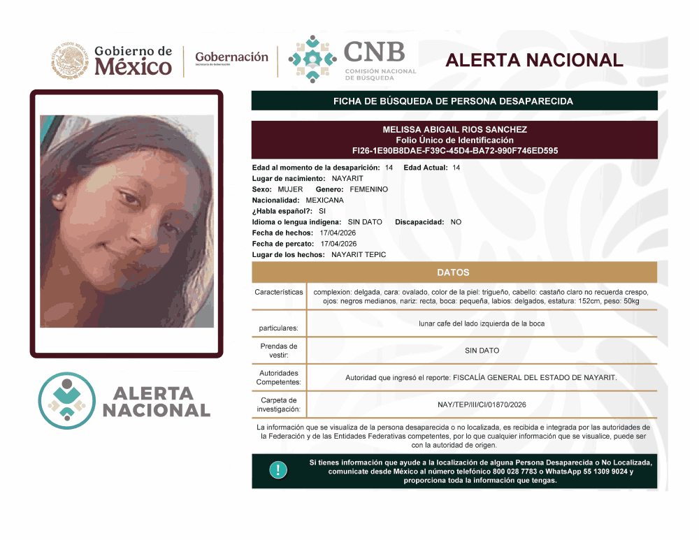 Persona desaparecida Melissa Abigail Ríos Sánchez