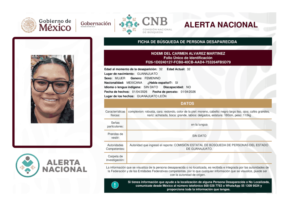 Persona desaparecida Noemi del Carmen Álvarez Martínez
