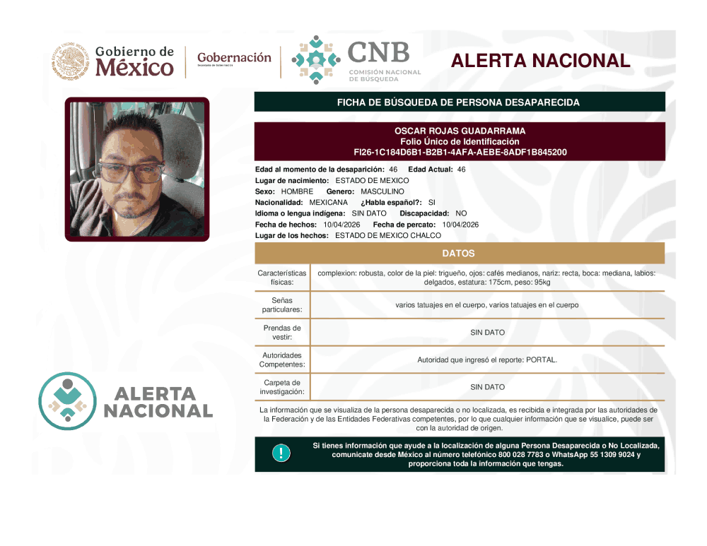Persona desaparecida Oscar Rojas Guadarrama