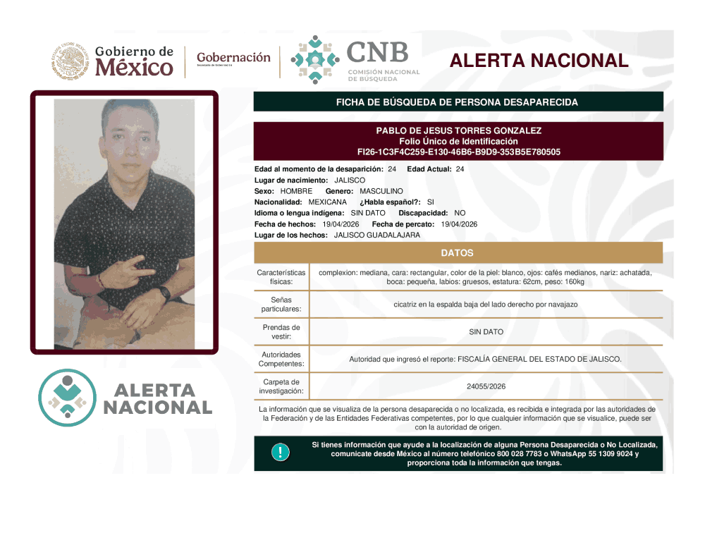 Persona desaparecida Pablo de Jesús Torres González