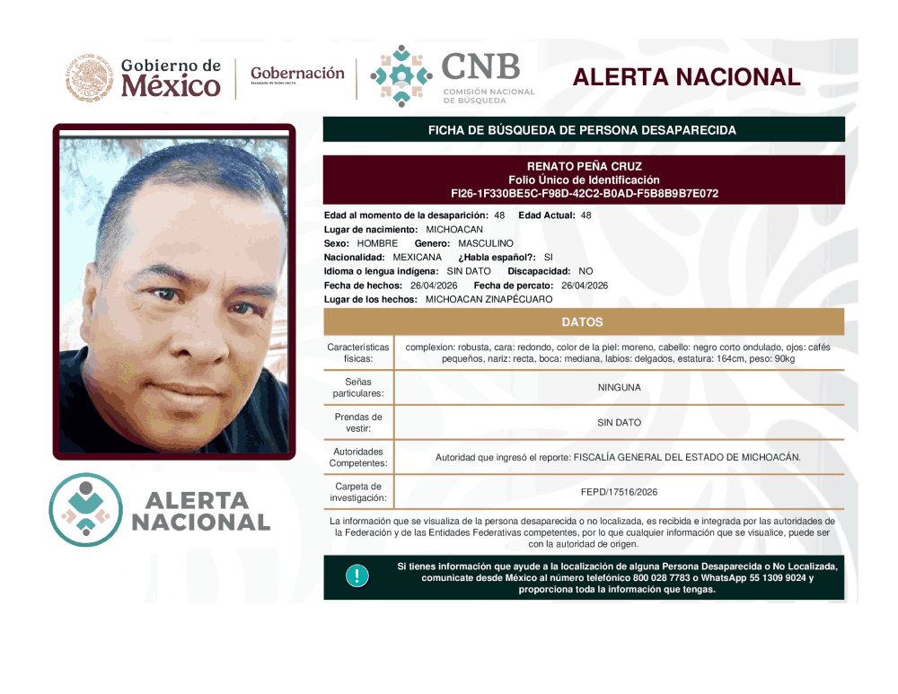 Persona desaparecida Renato Pena Cruz