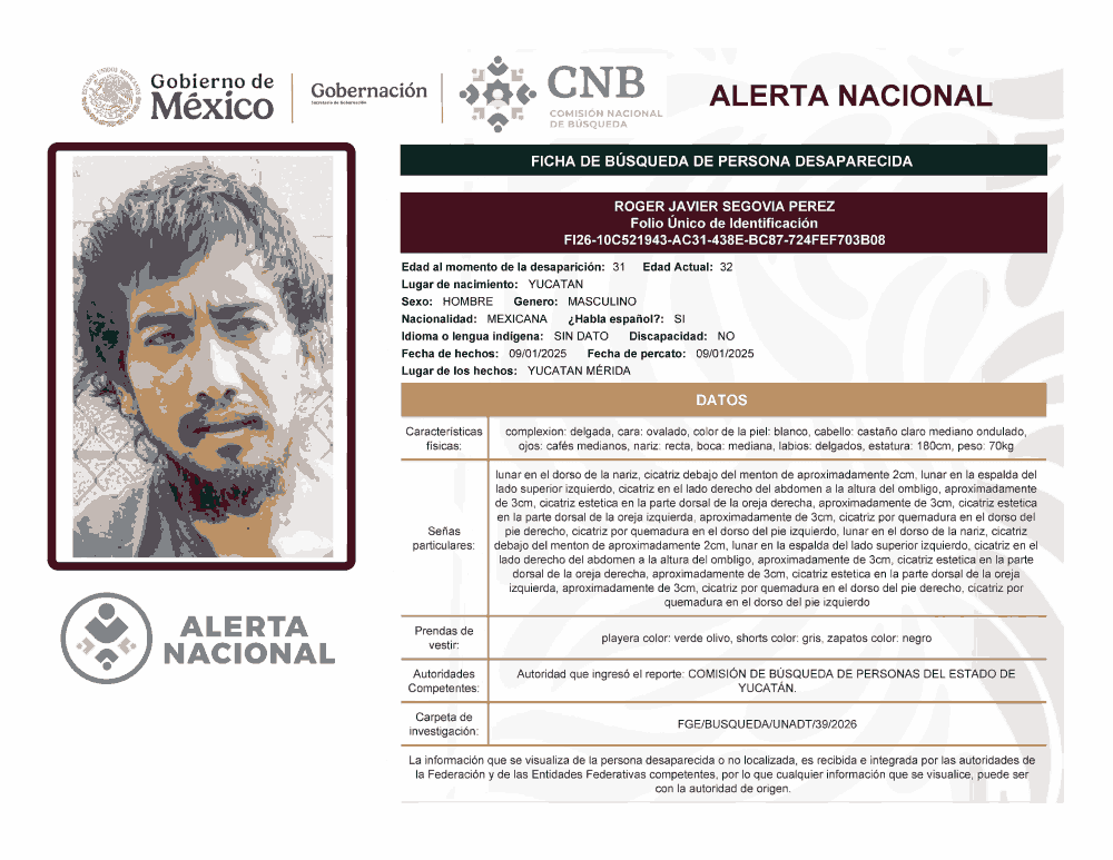 Persona desaparecida Roger Javier Segovia Pérez