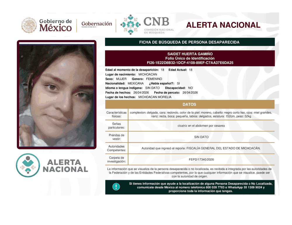 Persona desaparecida Saidet Huerta Gamino