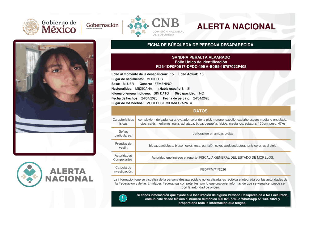 Persona desaparecida Sandra Peralta Alvarado