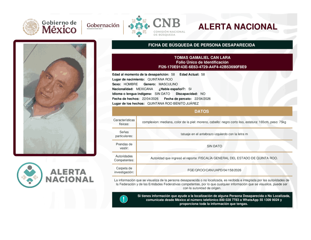 Persona desaparecida Tomas Gamaliel Can Lara