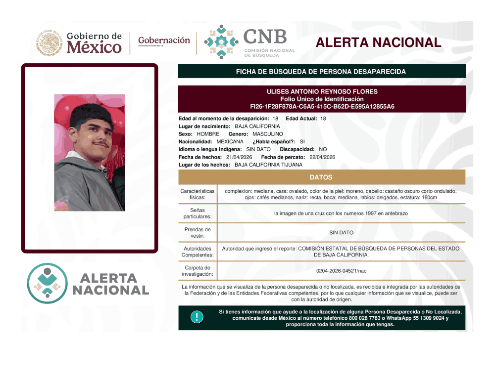 Persona desaparecida Ulises Antonio Reynoso Flores