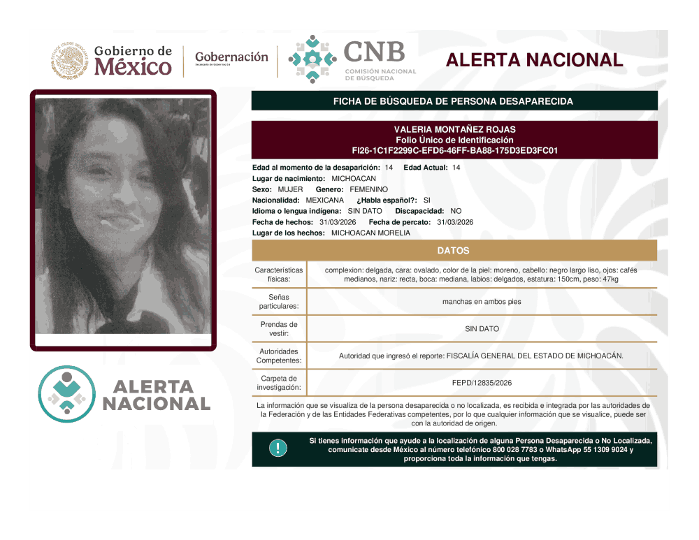Persona desaparecida Valeria Montanez Rojas