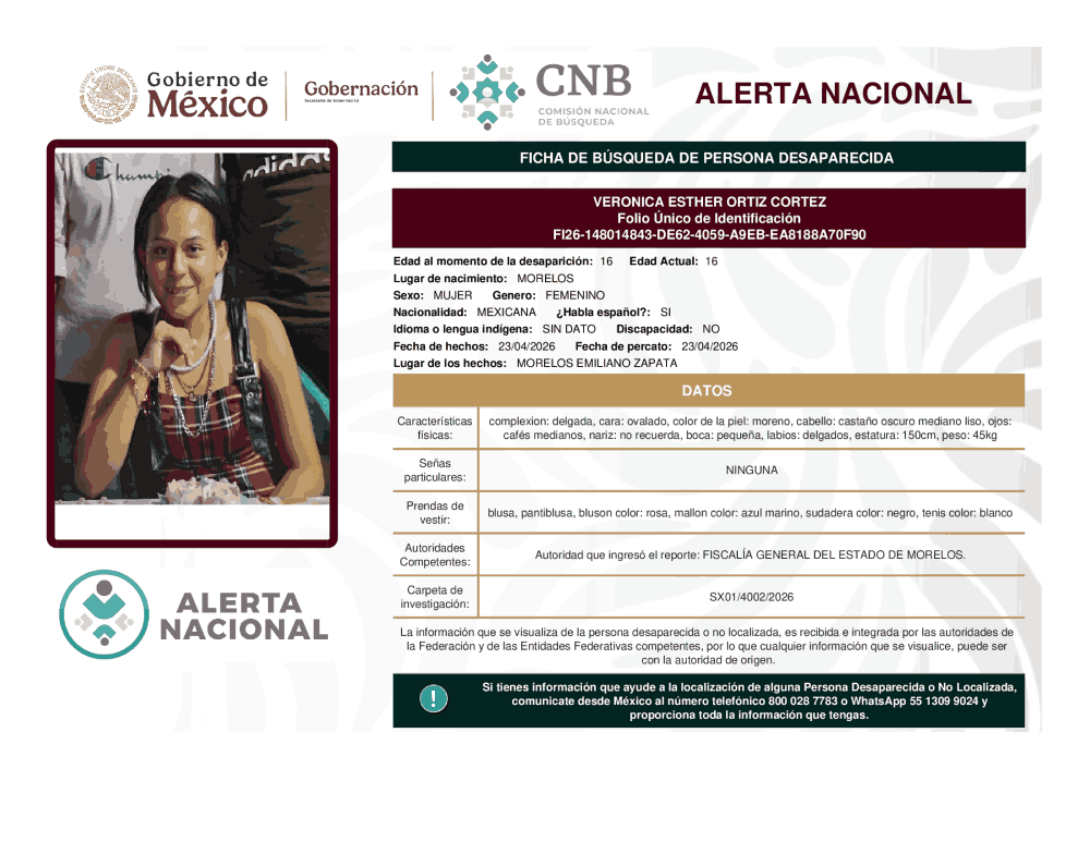 Persona desaparecida Verónica Esther Ortiz Cortez