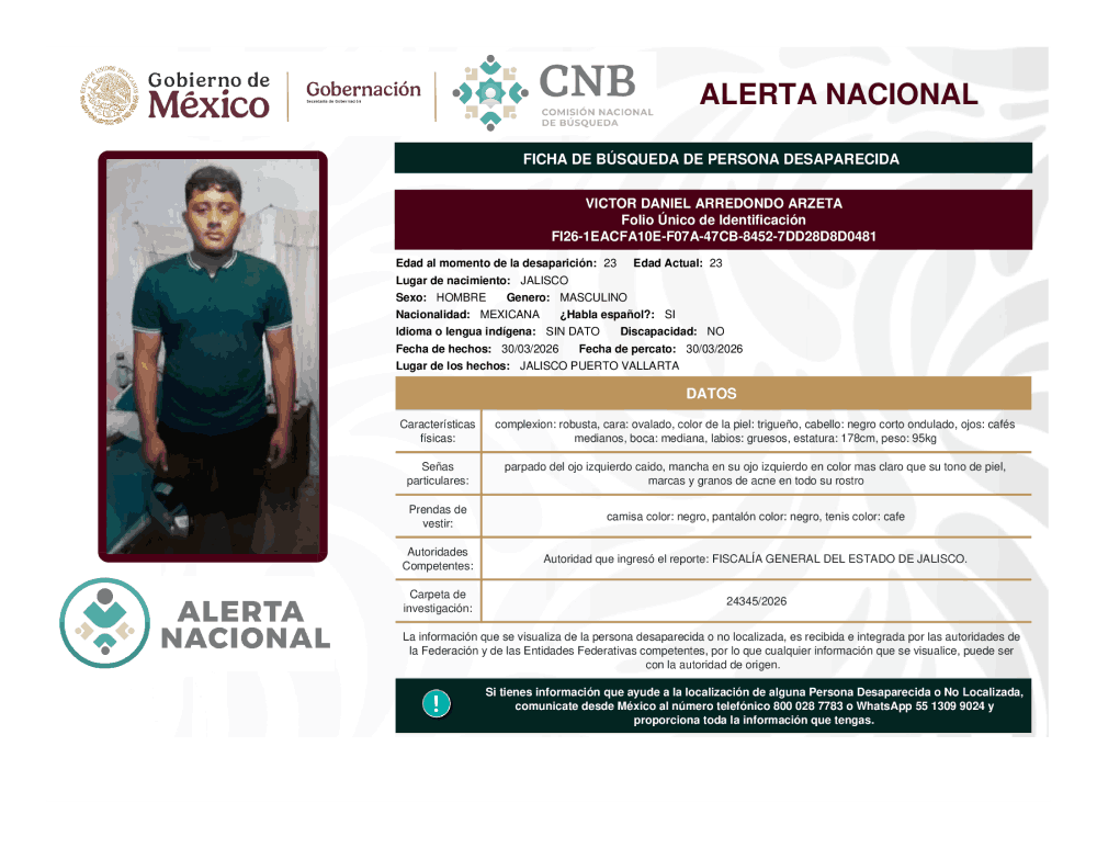 Persona desaparecida Víctor Daniel Arredondo Arzeta
