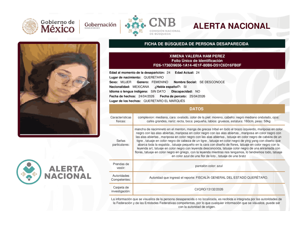 Persona desaparecida Ximena Valeria Ham Pérez