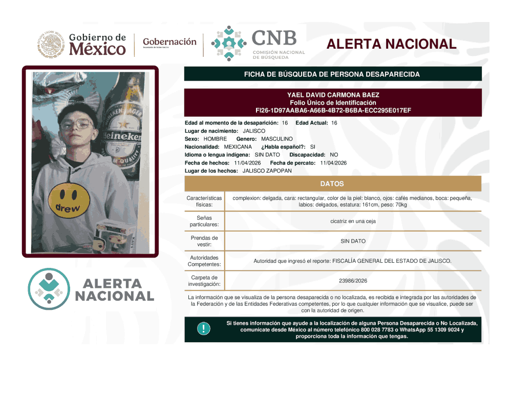 Persona desaparecida Yael David Carmona Baez