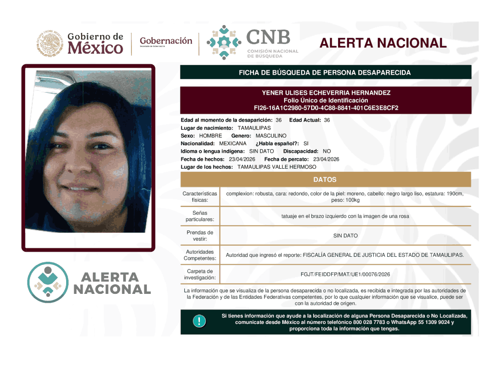 Persona desaparecida Yener Ulises Echeverría Hernández