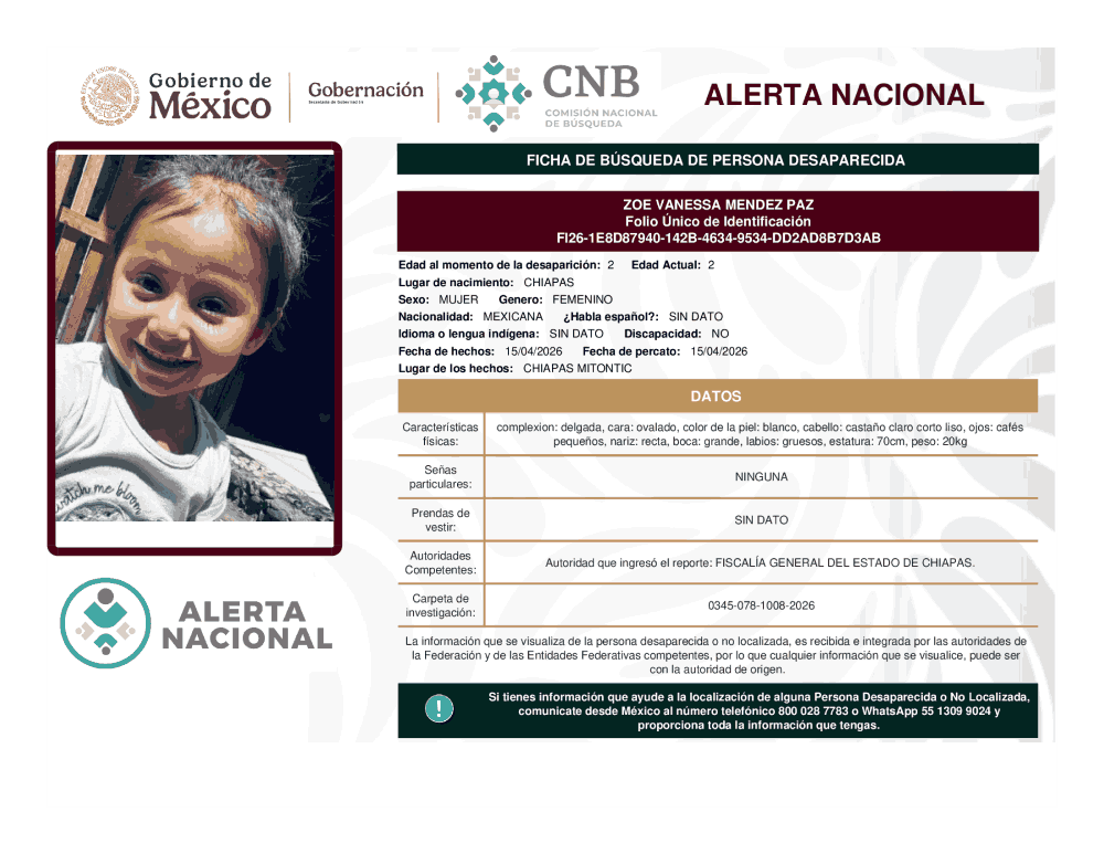 Persona desaparecida Zoe Vanessa Méndez Paz