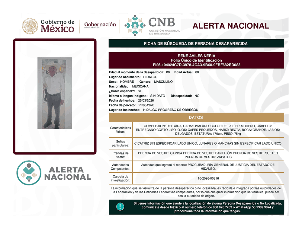 Persona desaparecida Rene Aviles