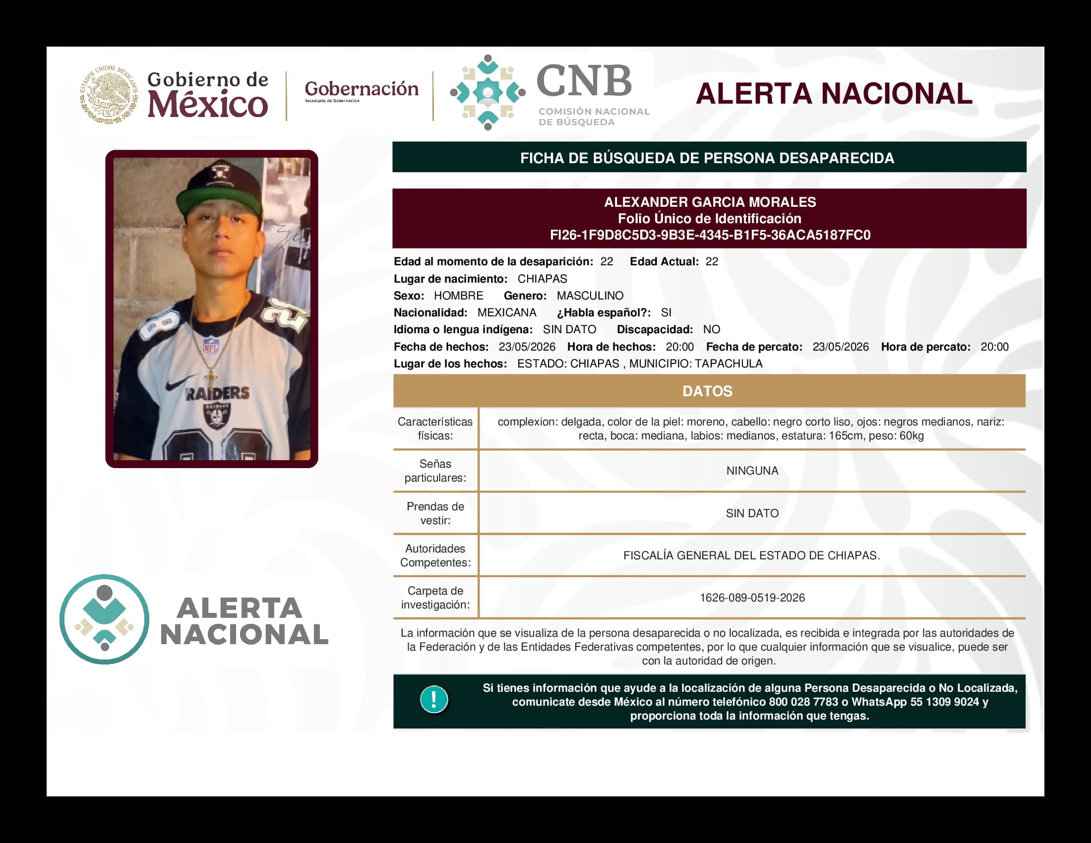 Persona desaparecida Alexander Garcia Morales