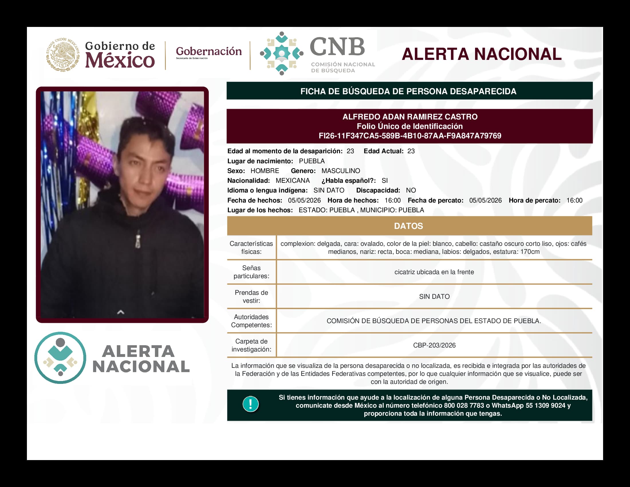 Persona desaparecida Alfredo Adan Ramirez Castro