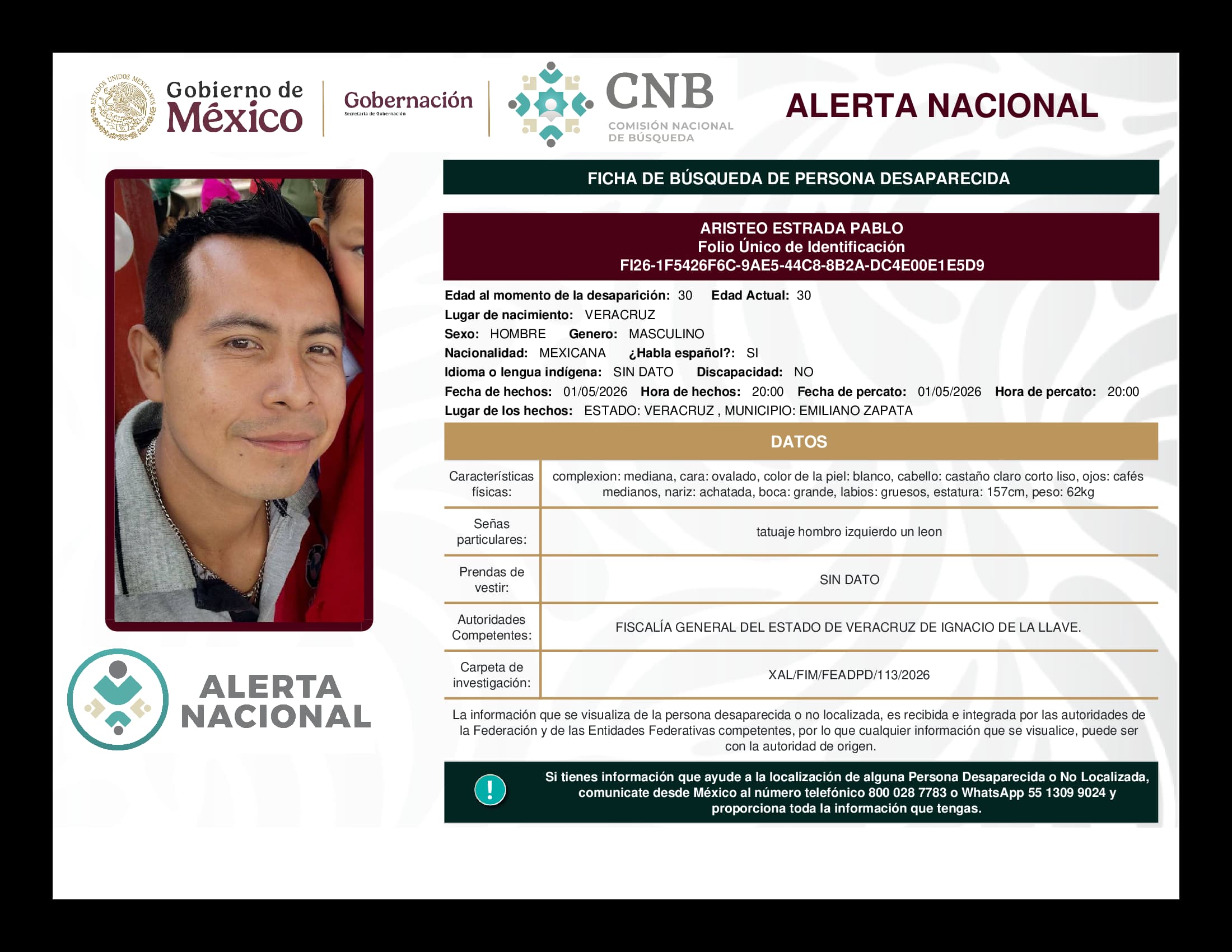 Persona desaparecida Aristeo Estrada Pablo