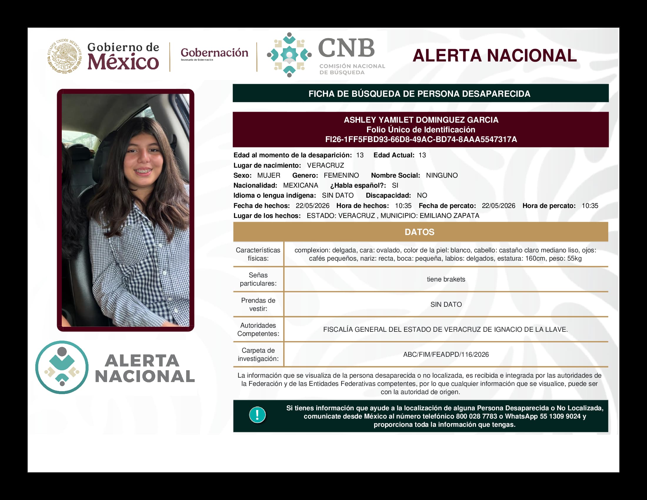 Persona desaparecida Ashley Yamilet Dominguez Garcia