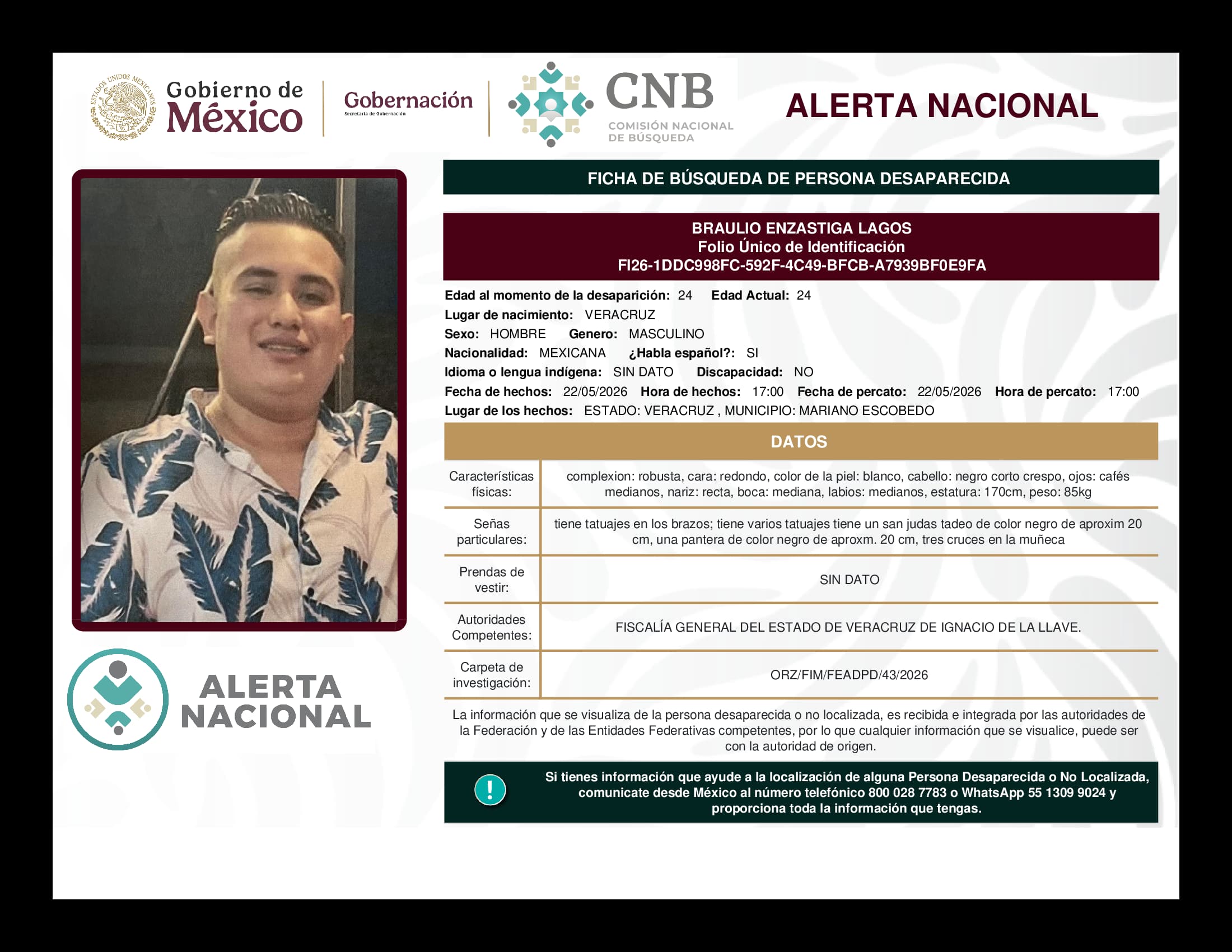 Persona desaparecida Braulio Enzastiga Lagos