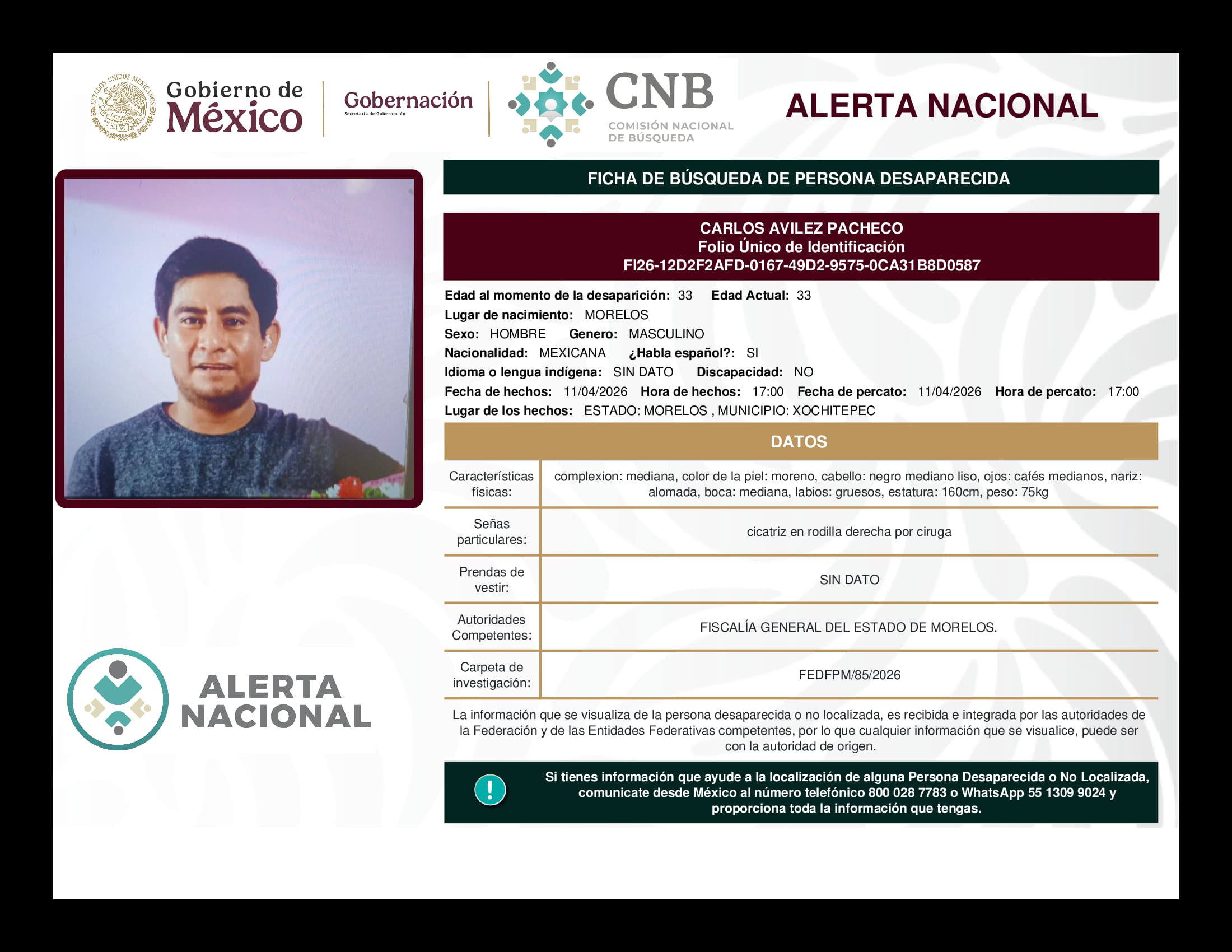 Persona desaparecida Carlos Avilez Pacheco