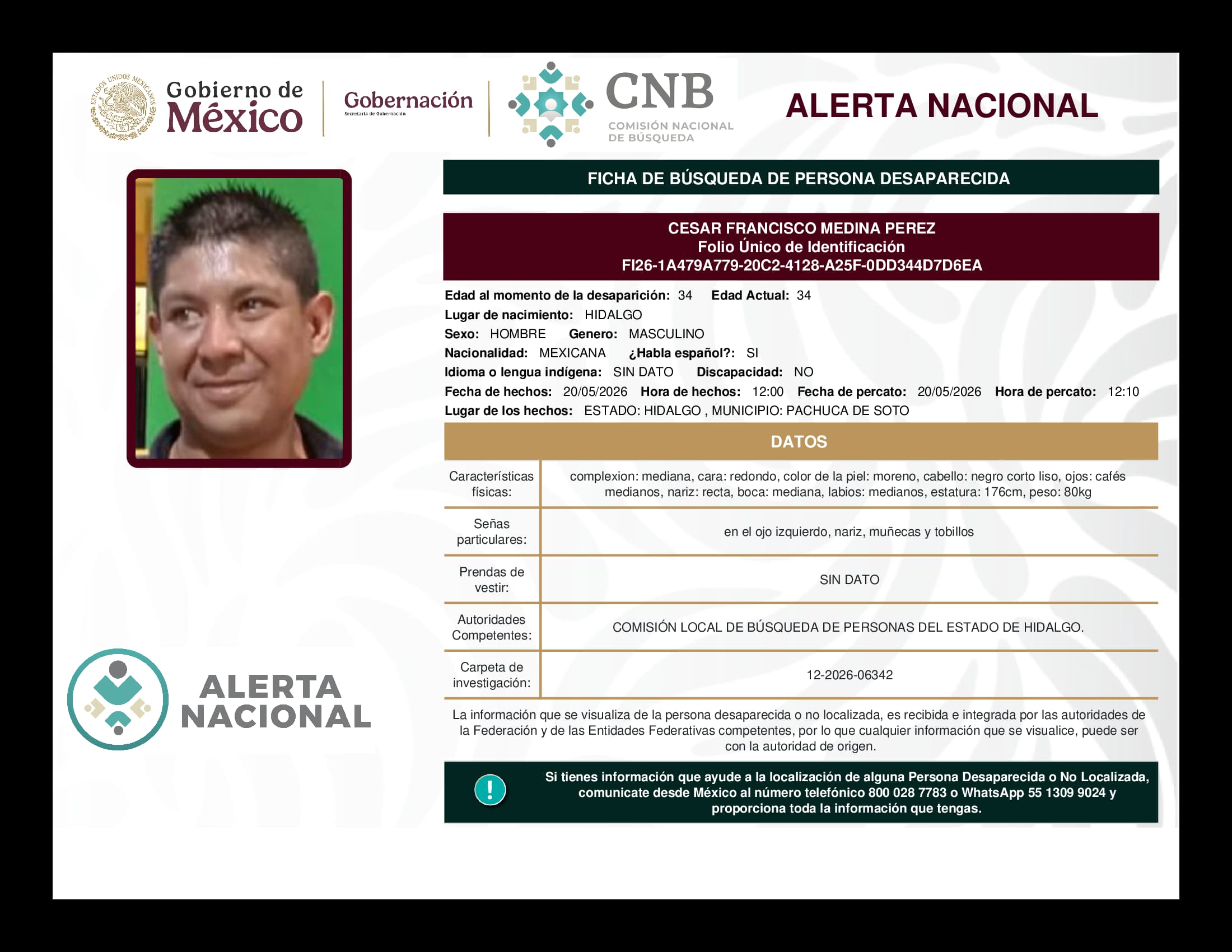 Persona desaparecida Cesar Francisco Medina Perez