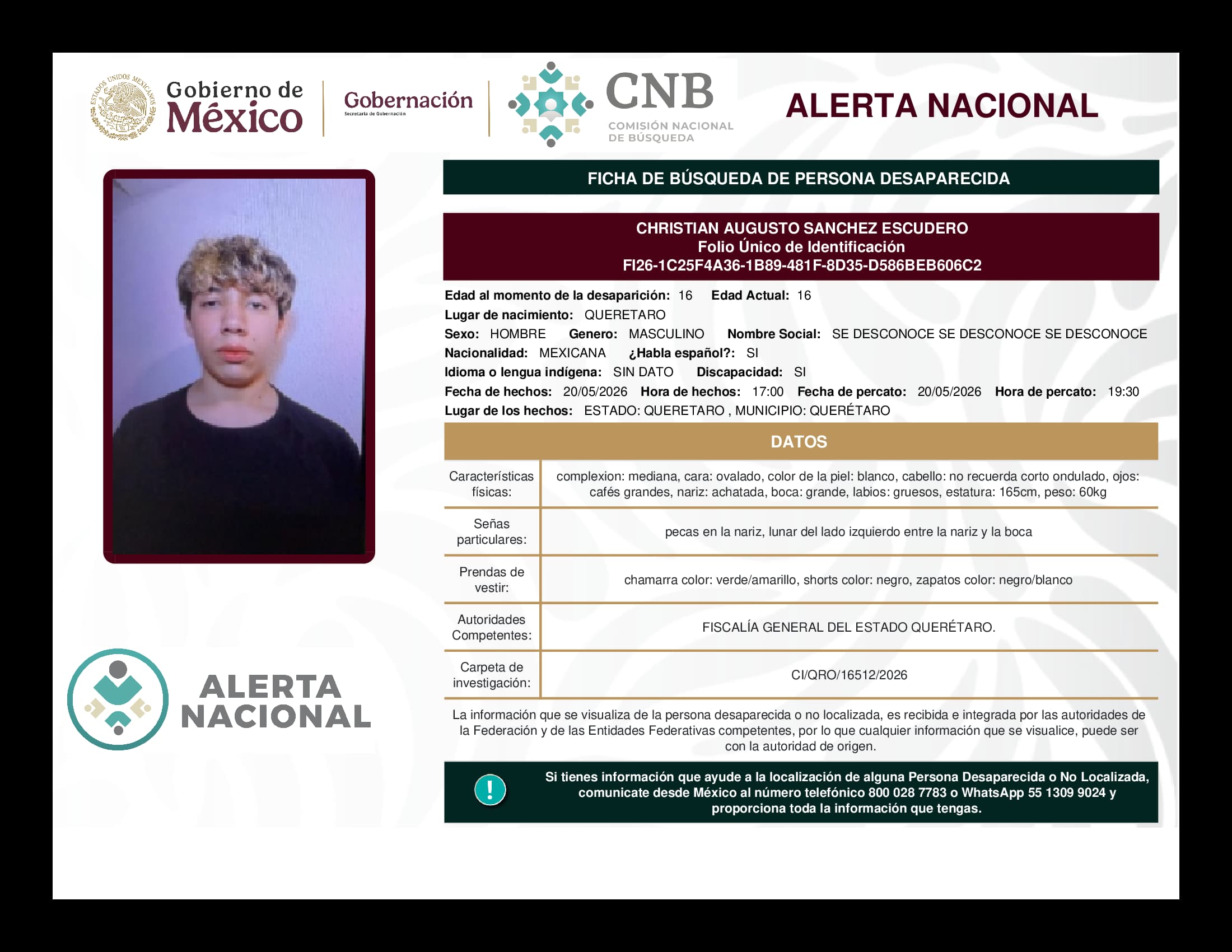 Persona desaparecida Christian Augusto Sanchez Escudero
