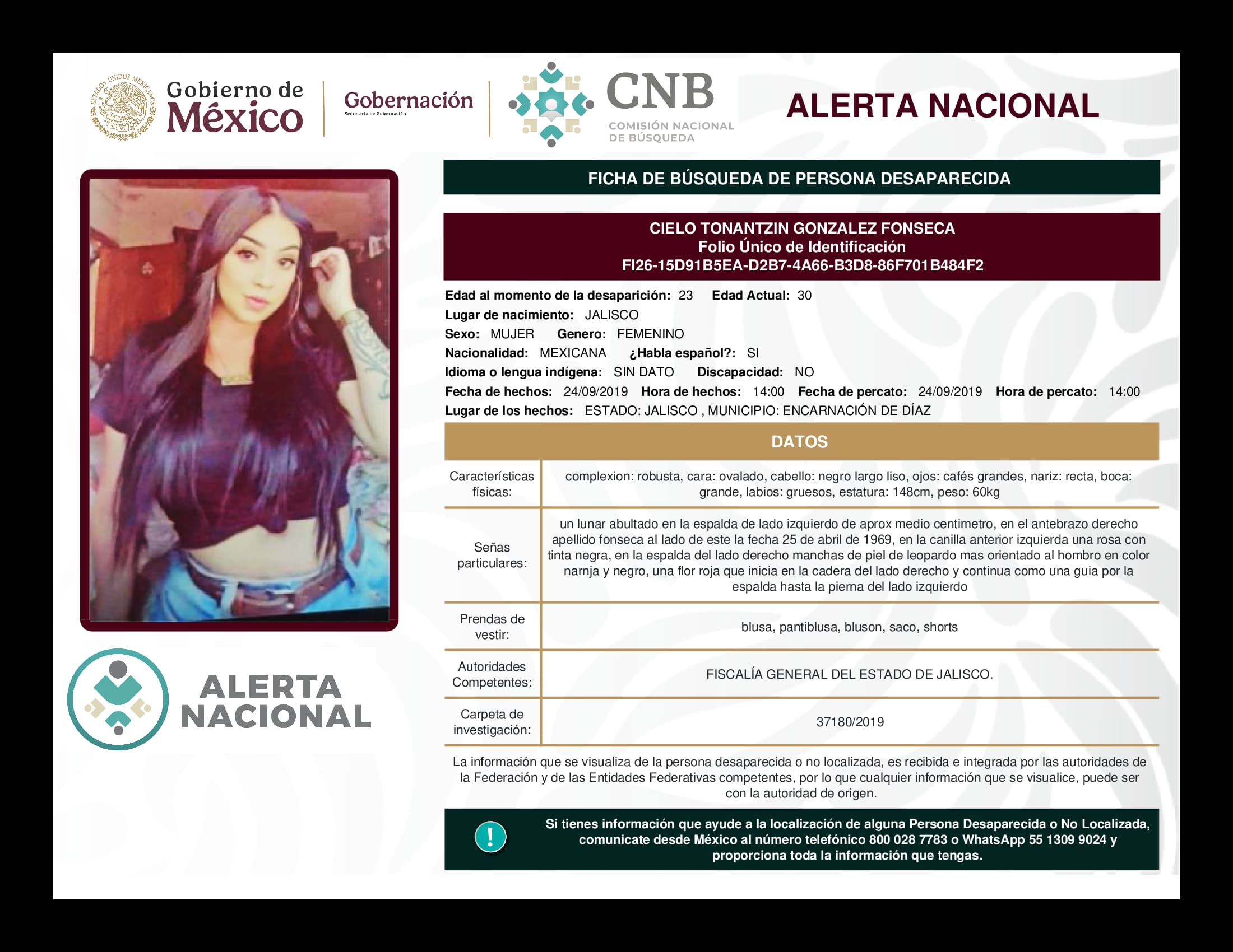 Persona desaparecida Cielo Tonantzin Gonzalez Fonseca