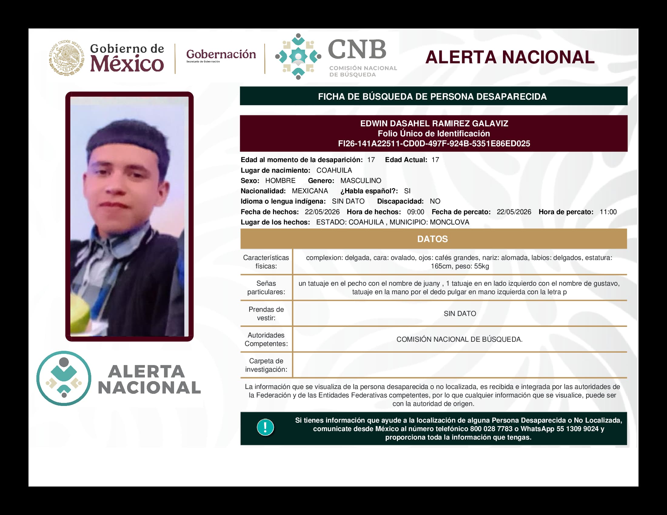 Persona desaparecida Edwin Dasahel Ramirez Galaviz
