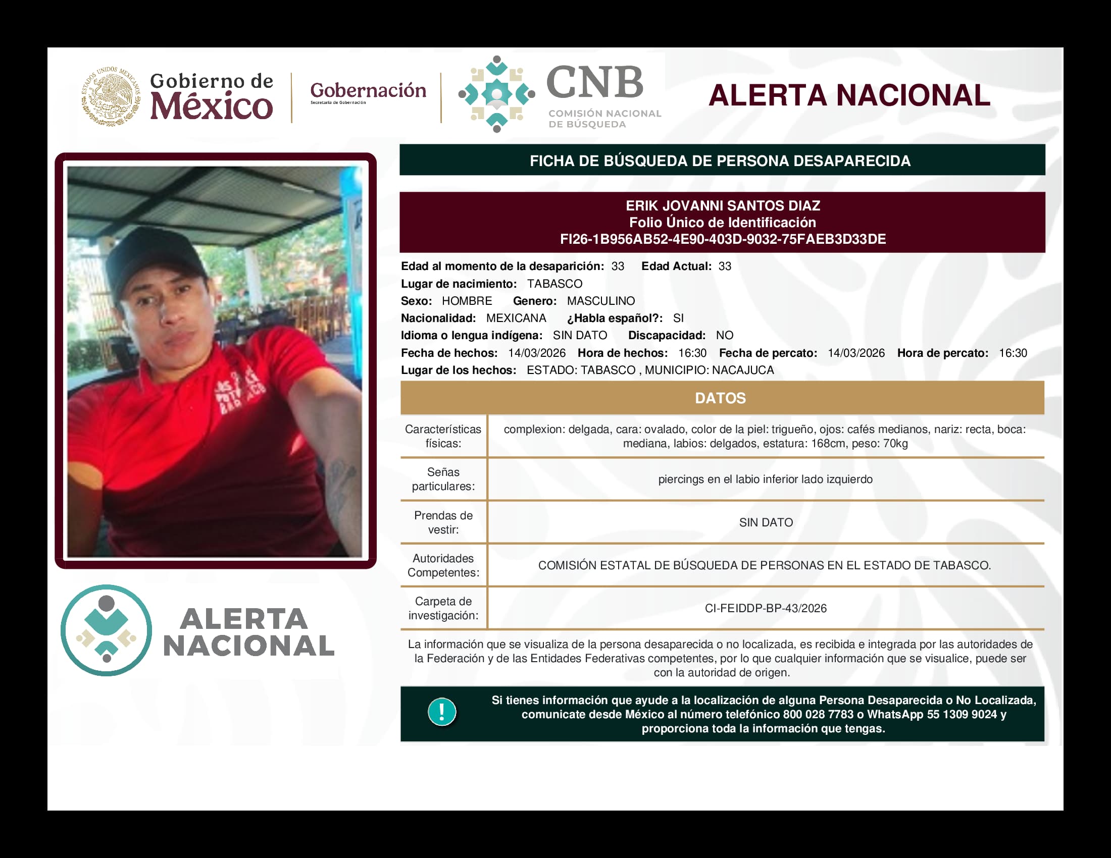 Persona desaparecida Erik Jovanni Santos Diaz