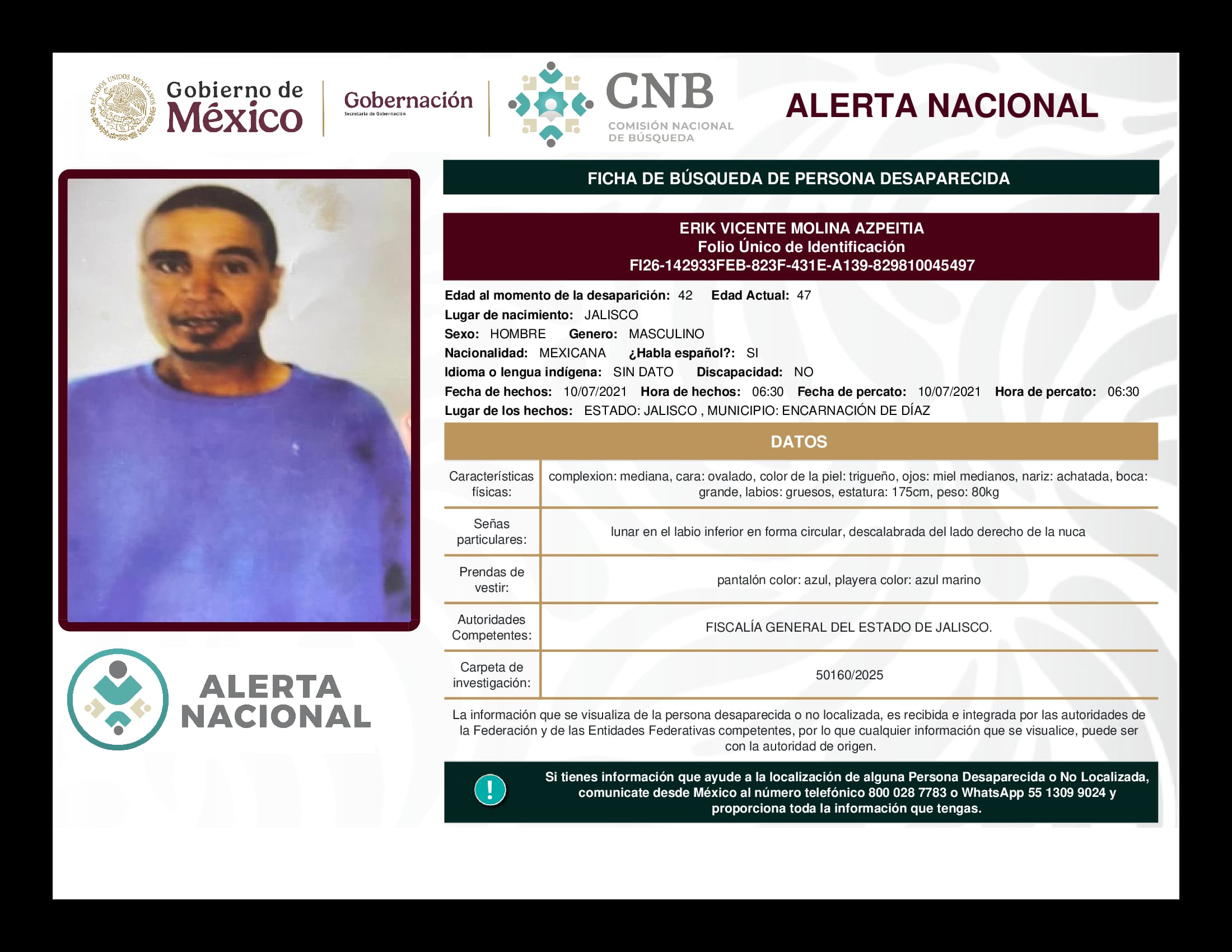 Persona desaparecida Erik Vicente Molina Azpeitia