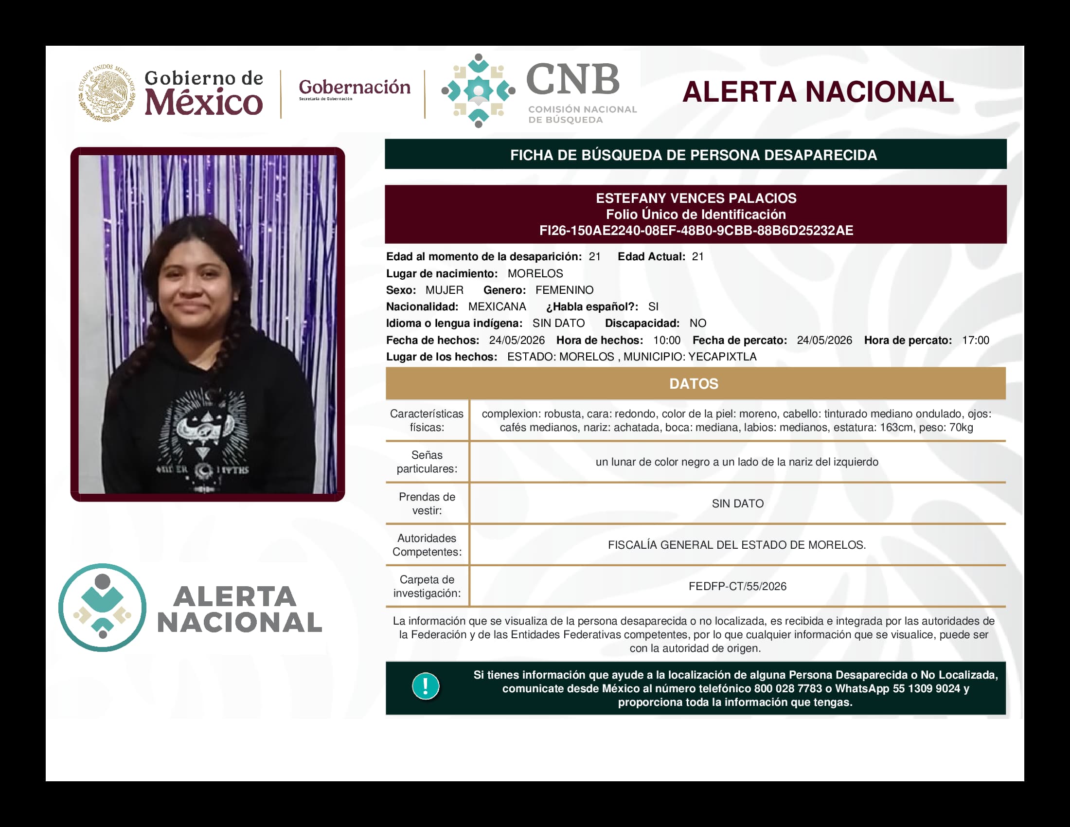 Persona desaparecida Estefany Vences Palacios