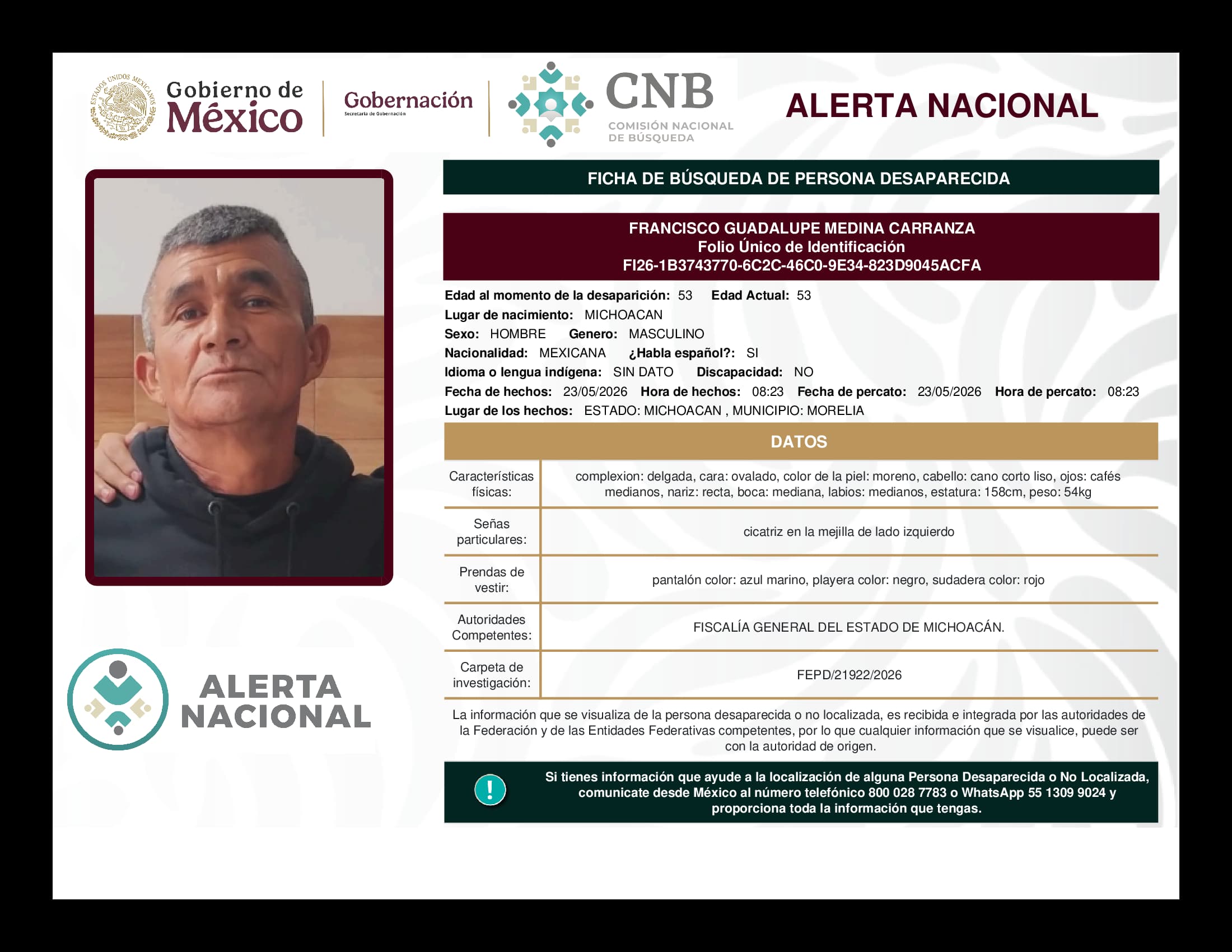 Persona desaparecida Francisco Guadalupe Medina Carranza
