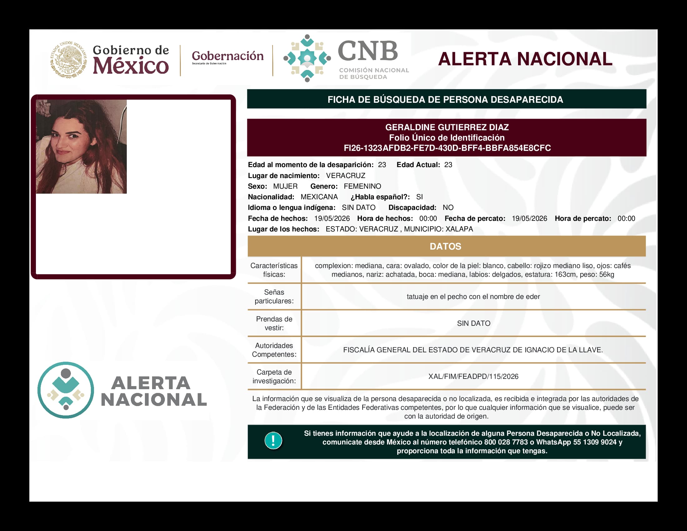 Persona desaparecida Geraldine Gutierrez Diaz