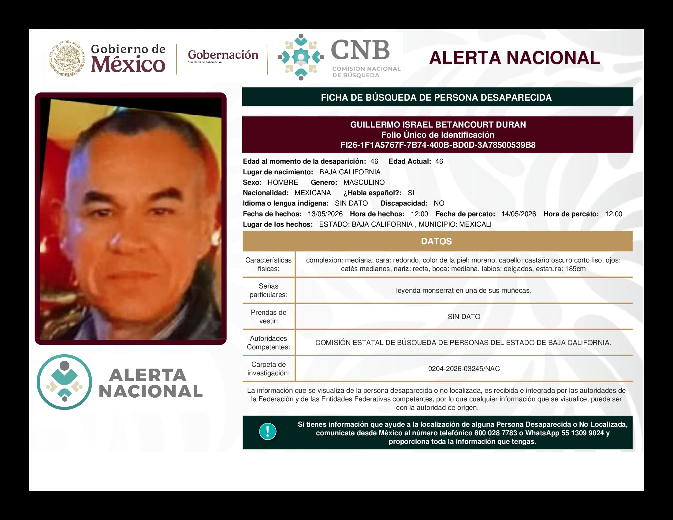 Persona desaparecida Guillermo Israel Betancourt Duran
