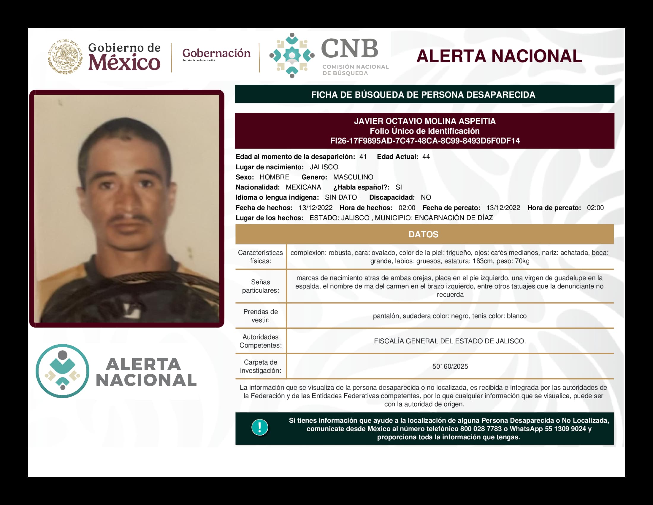 Persona desaparecida Javier Octavio Molina Aspeitia