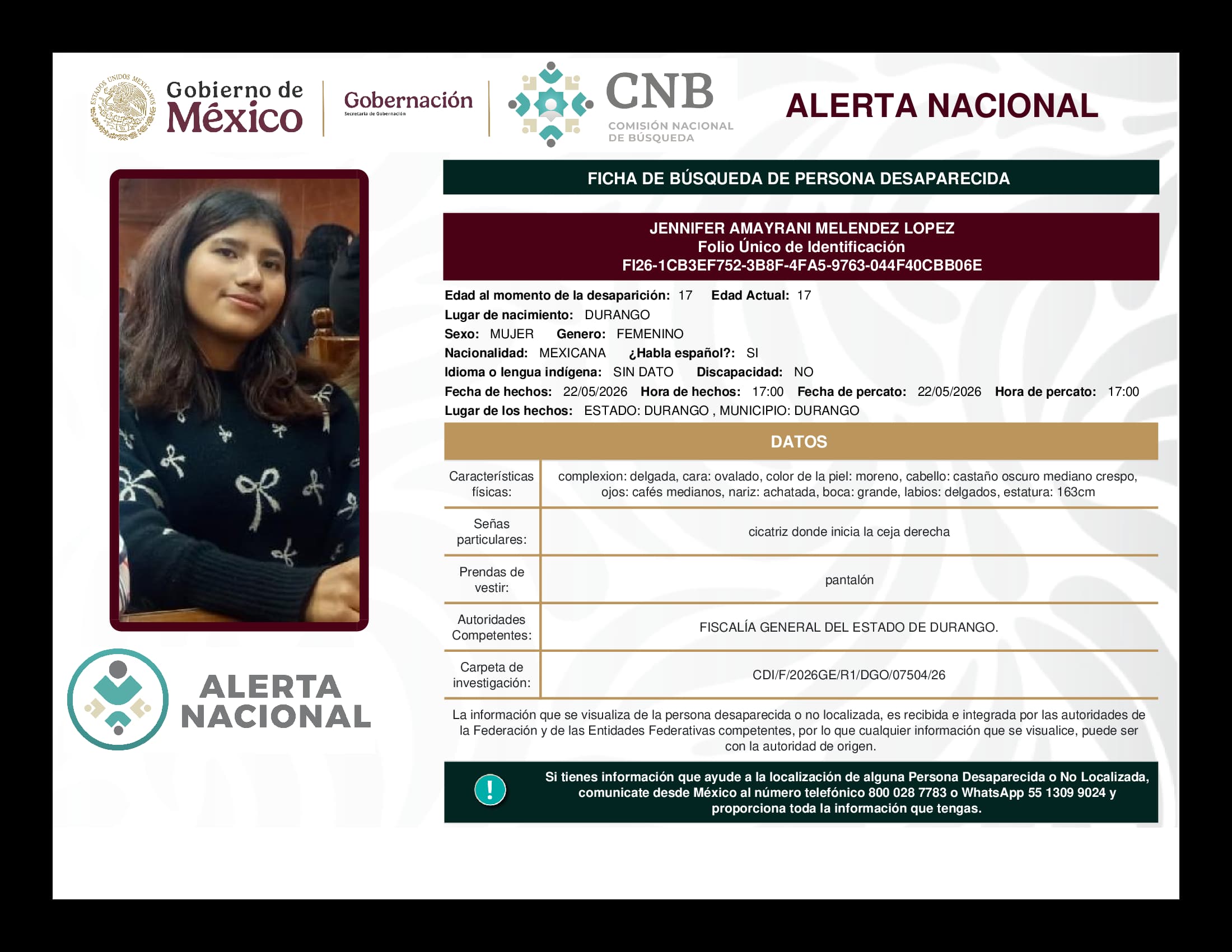 Persona desaparecida Jennifer Amayrani Melendez Lopez