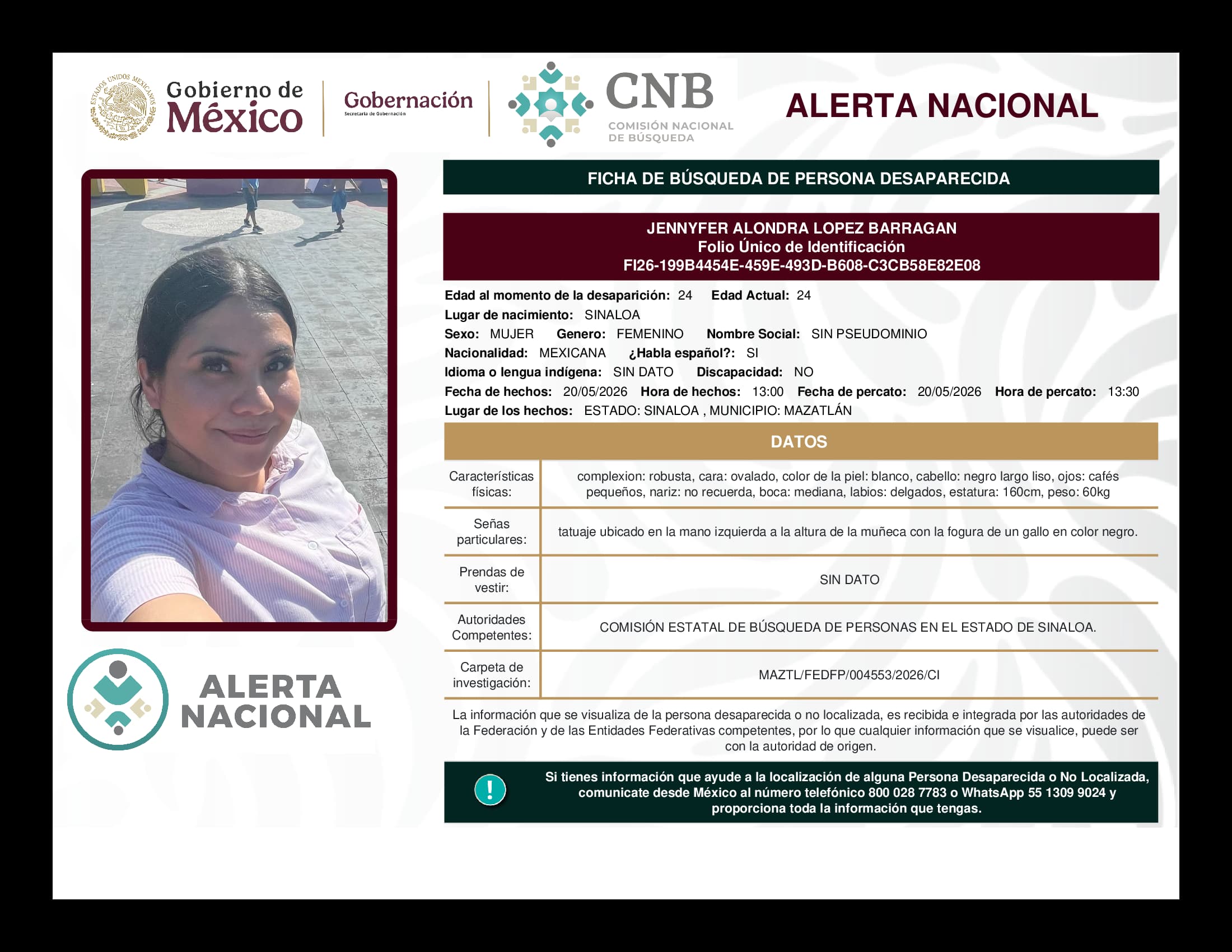 Persona desaparecida Jennyfer Alondra Lopez Barragan